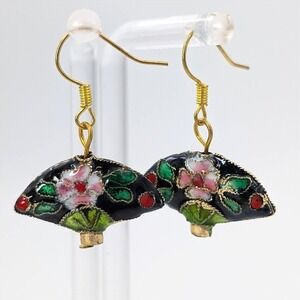 Cloisonne Fan Dangle Earrings Enamel Floral Oriental Novelty Spain Abanicos
